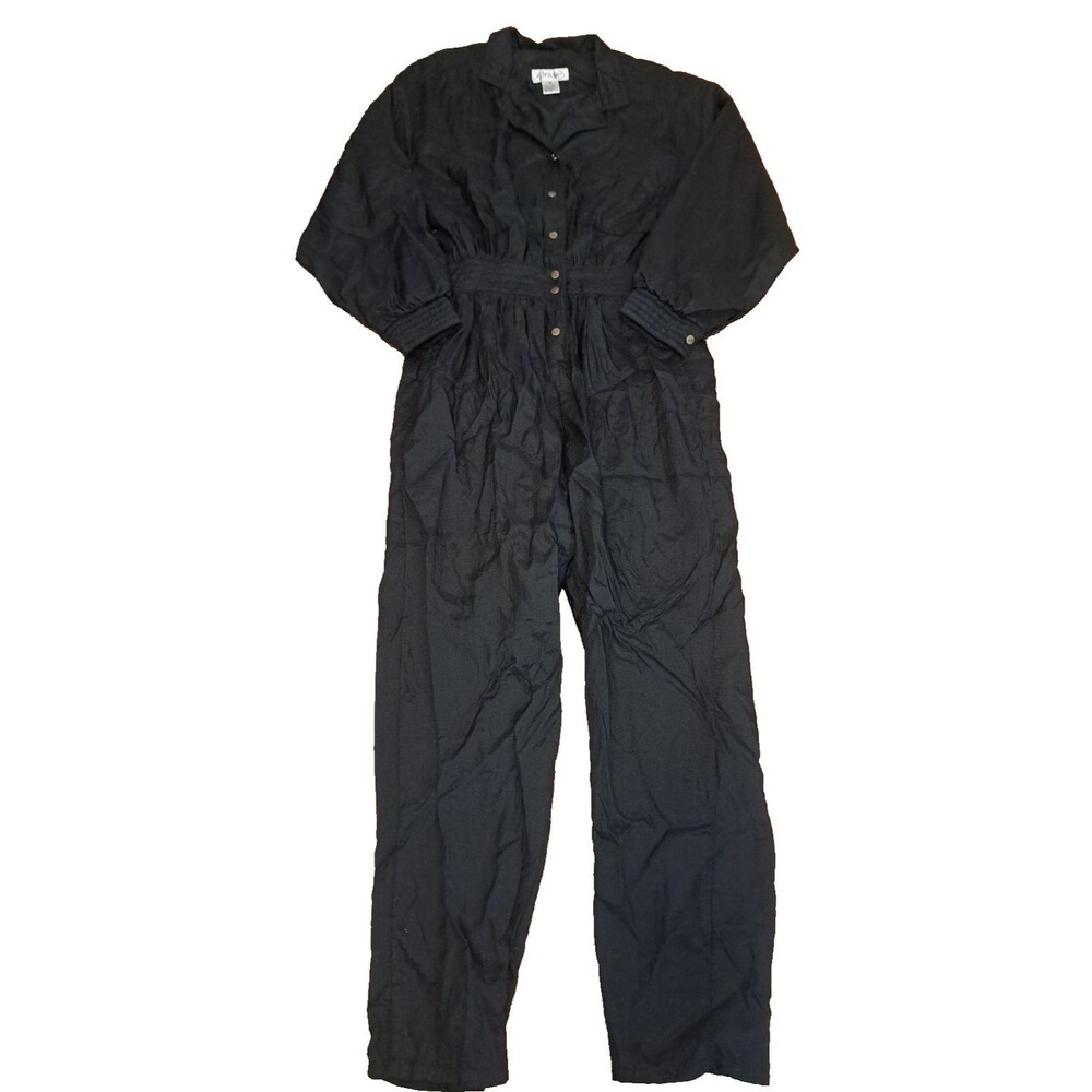 Vintage Nylon Jumpsuit Romper Black Abraxas Wind Flight Suit 1980s Women Small